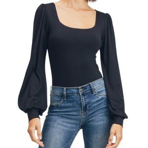 Women’s MOCHA Double Layer Square Neck Puff Sleeve Bodysuit NWOT  (#0196)